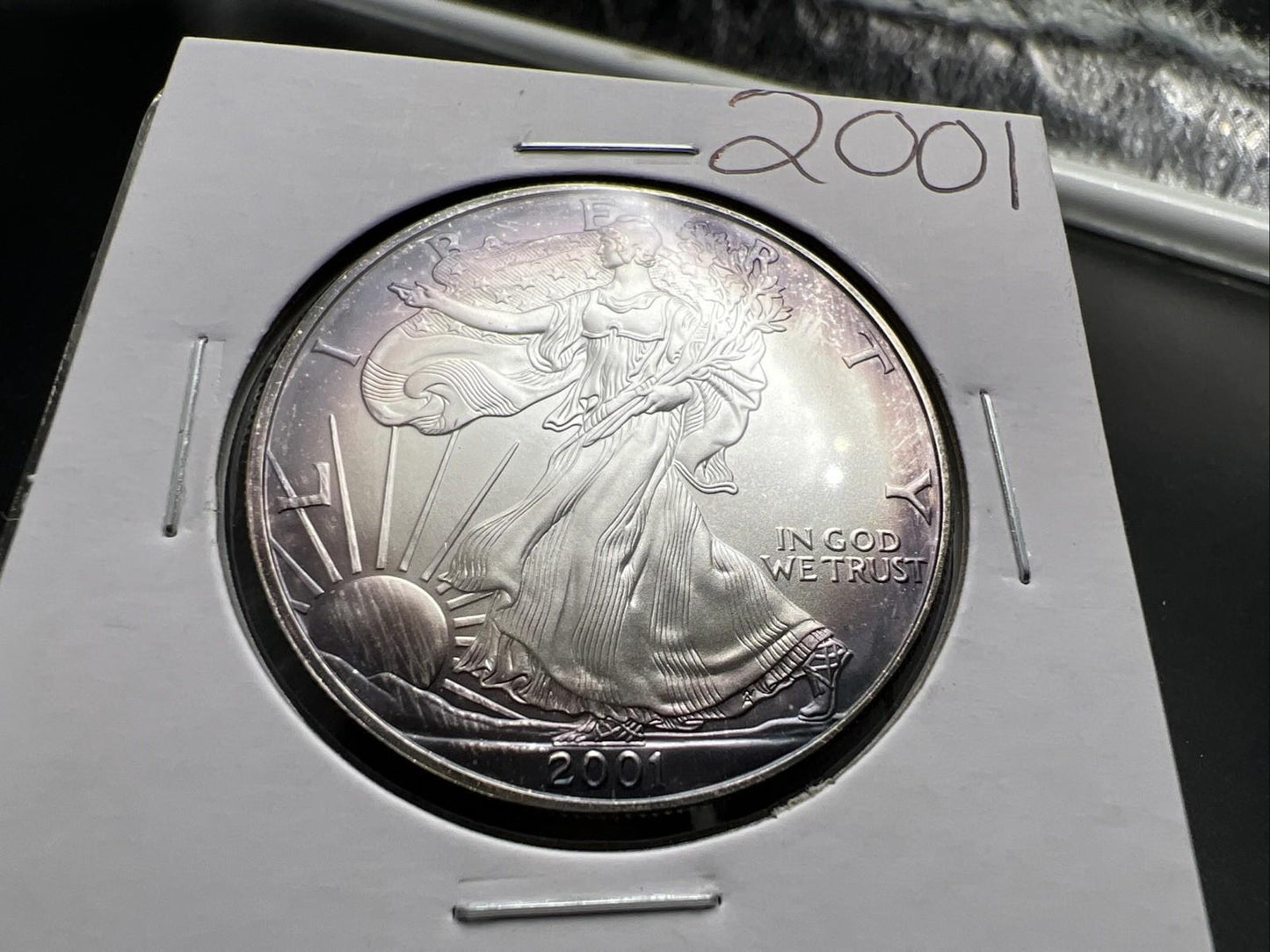 2001 1 OZ American Silver Eagle GEM BU Unc .999 Nice Toning Toner Purple SK#1a