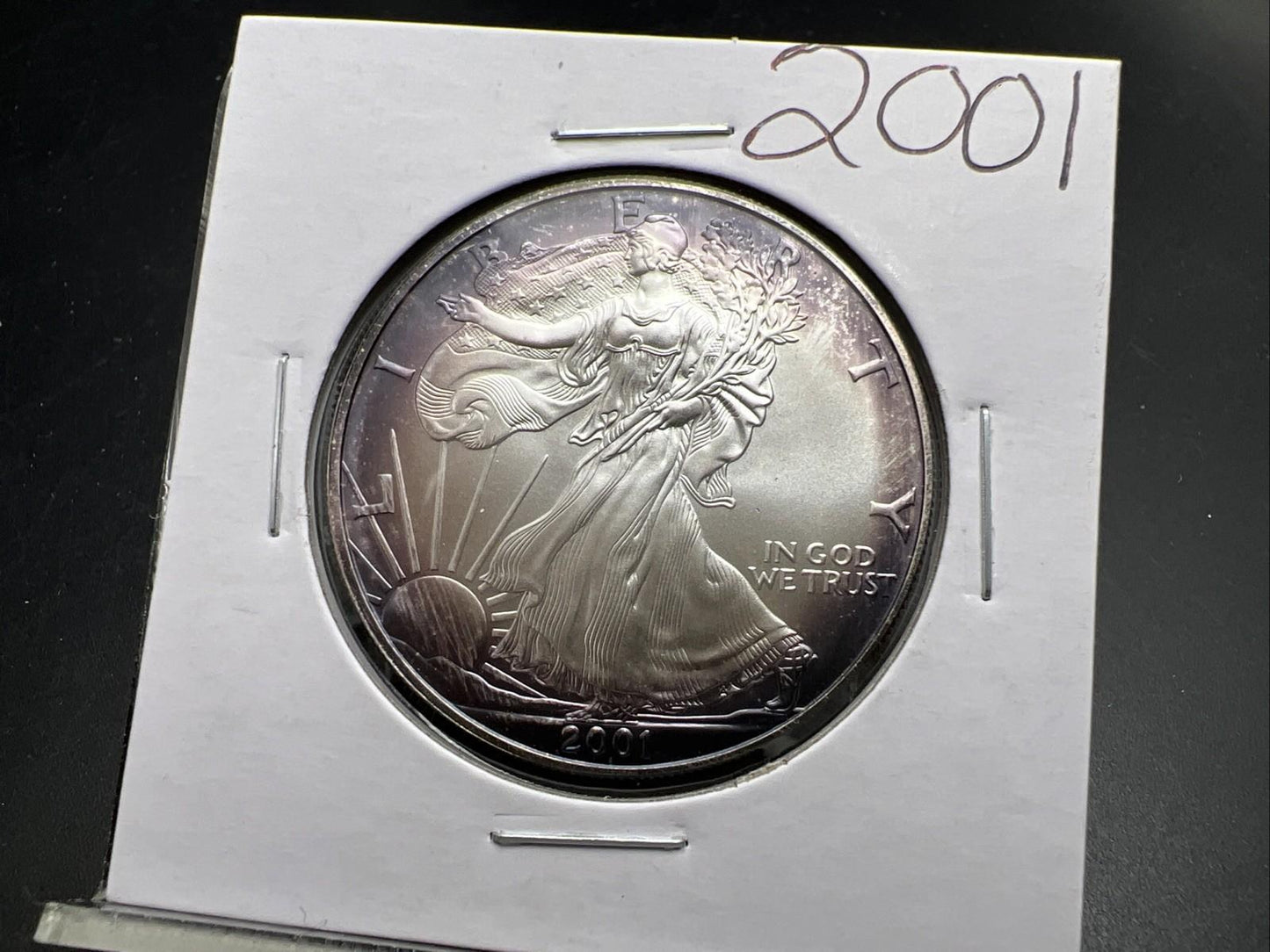 2001 1 OZ American Silver Eagle GEM BU Unc .999 Nice Toning Toner Purple SK#1a