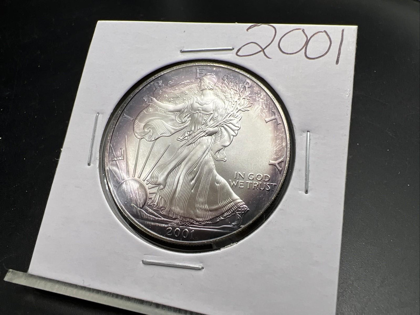 2001 1 OZ American Silver Eagle GEM BU Unc .999 Nice Toning Toner Purple SK#1a