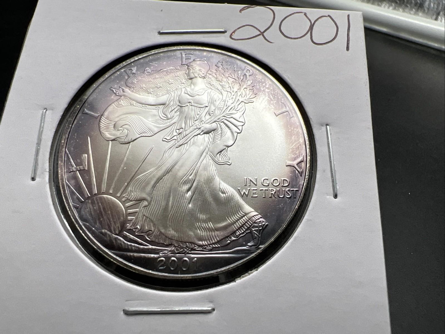 2001 1 OZ American Silver Eagle GEM BU Unc .999 Nice Toning Toner Purple SK#1a