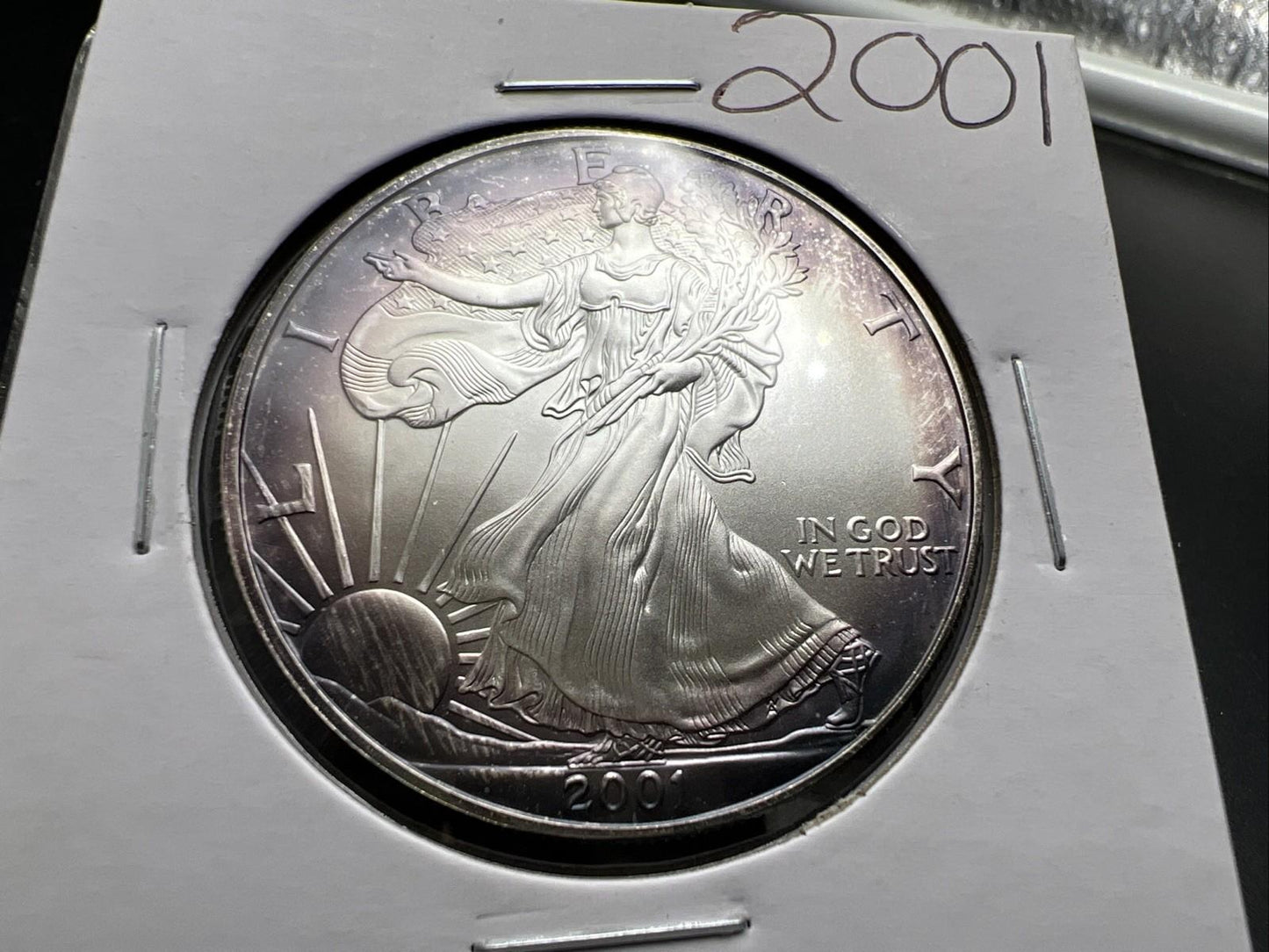 2001 1 OZ American Silver Eagle GEM BU Unc .999 Nice Toning Toner Purple SK#1a