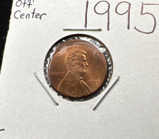 1995 1c Lincoln Memorial Cent Penny Broadstrike 5% Off Center BU UNC RB U#1