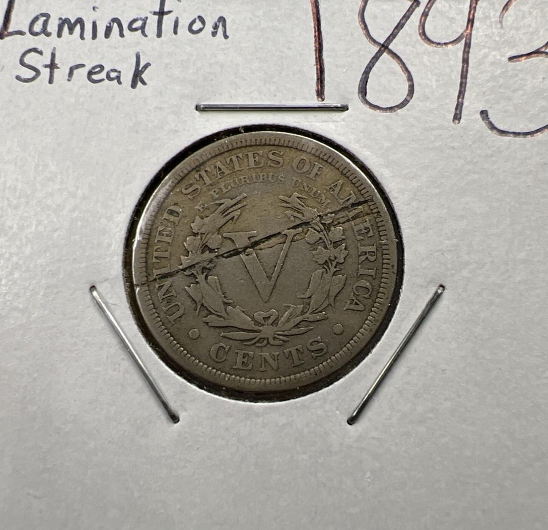 1893 5c V Liberty Nickel Coin Major Lamination Reverse Error Coin