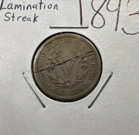 1893 5c V Liberty Nickel Coin Major Lamination Reverse Error Coin