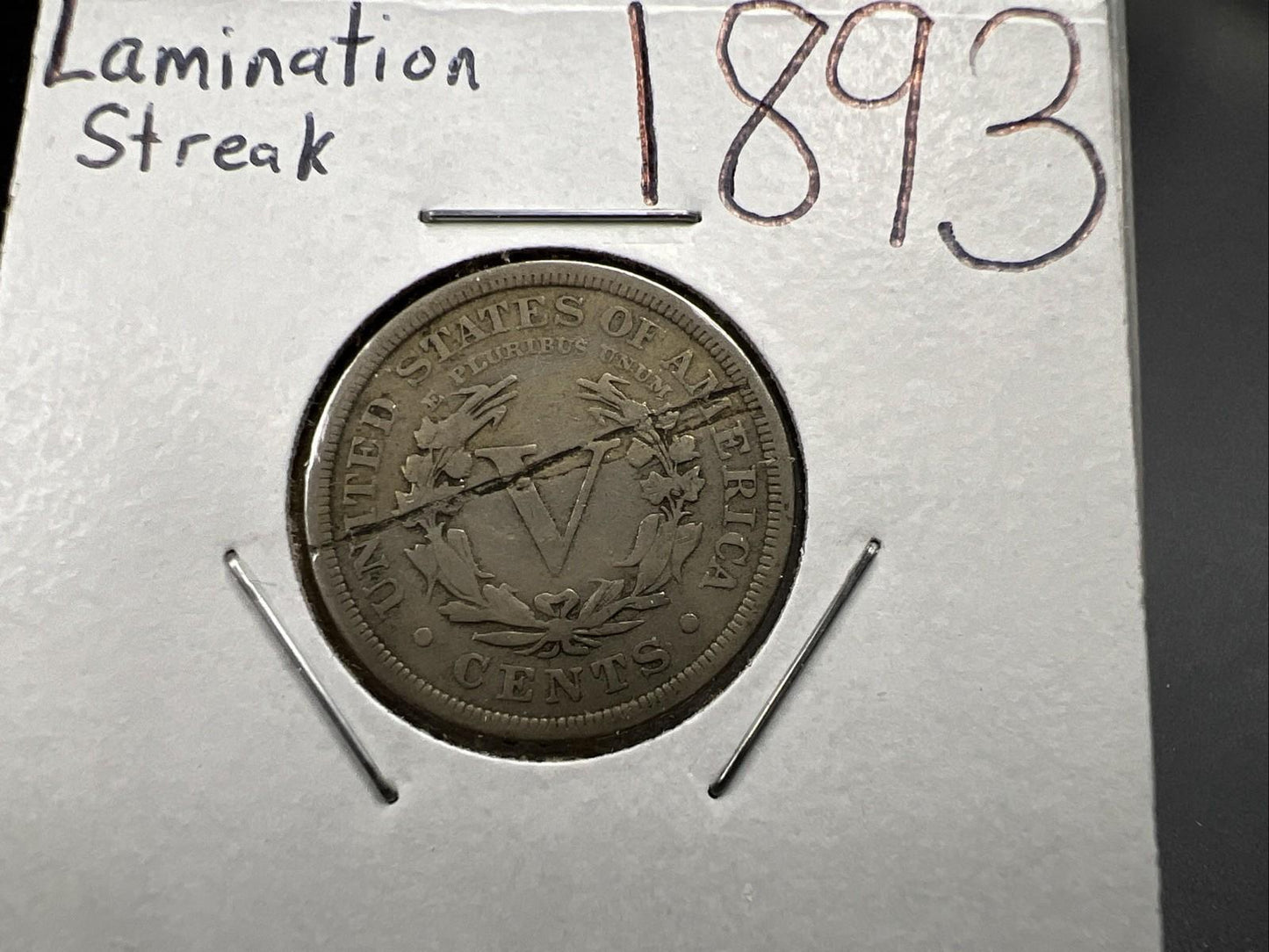 1893 5c V Liberty Nickel Coin Major Lamination Reverse Error Coin