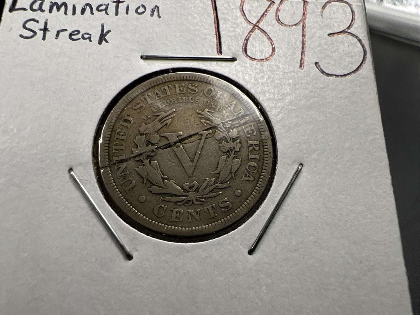 1893 5c V Liberty Nickel Coin Major Lamination Reverse Error Coin