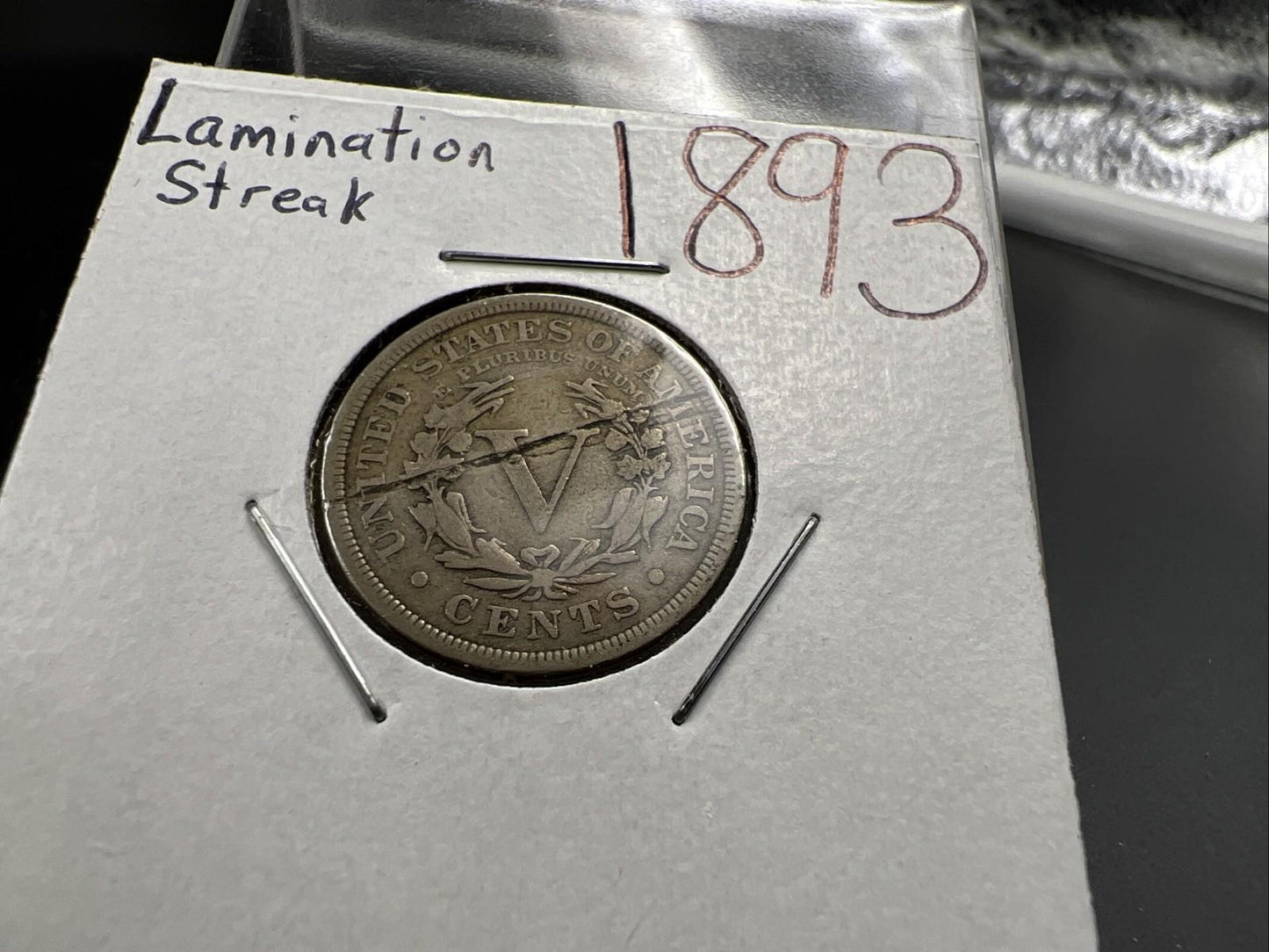 1893 5c V Liberty Nickel Coin Major Lamination Reverse Error Coin