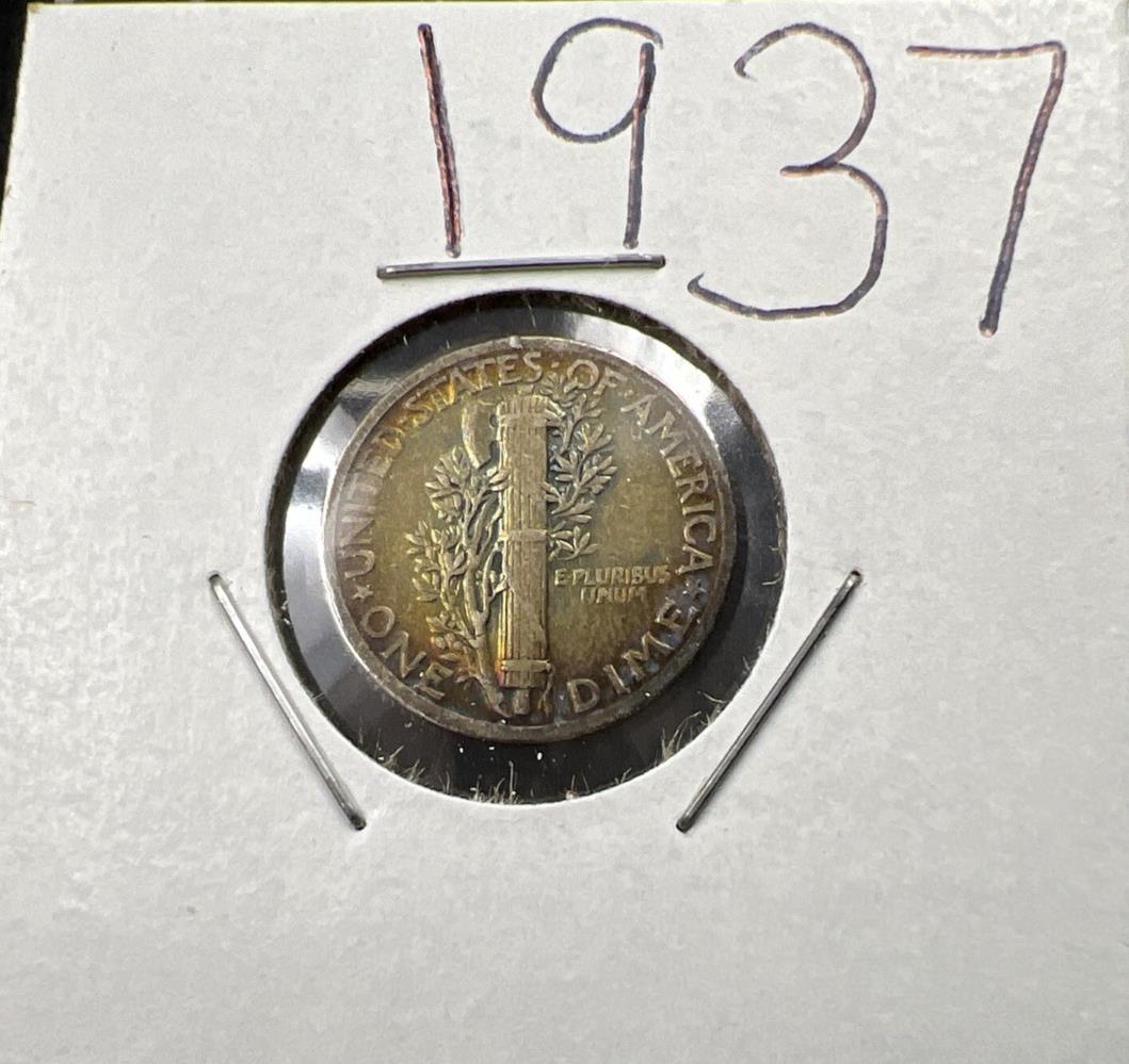 1937 P 10c Mercury Silver Dime Coin Choice VF Very Fine Neat Rainbow Rev Toning