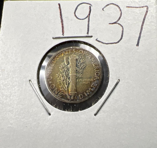 1937 P 10c Mercury Silver Dime Coin Choice VF Very Fine Neat Rainbow Rev Toning