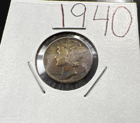 1940 P 10c Mercury Silver Dime Coin Choice VF Very Fine Neat Toning Toner sku#1