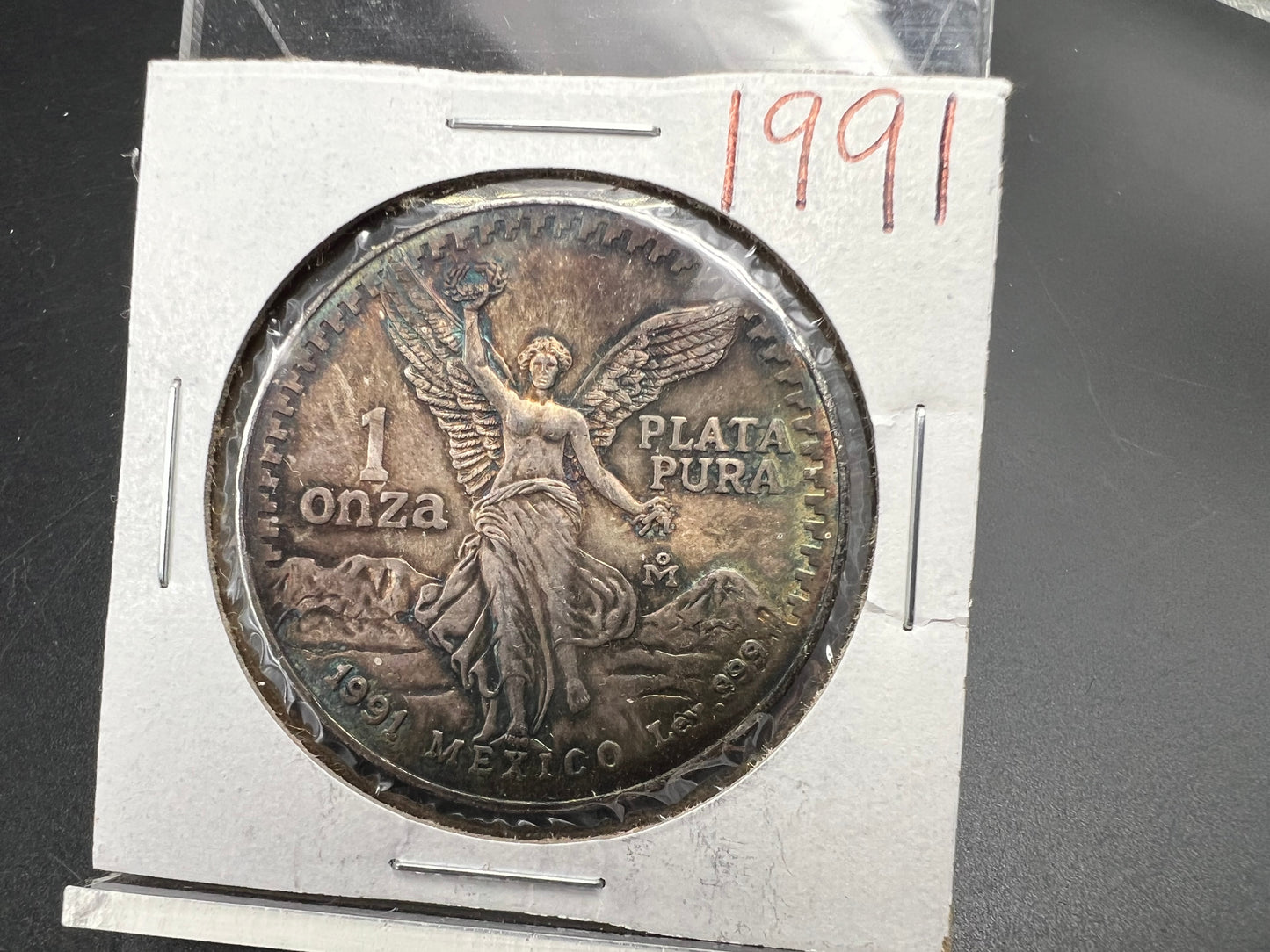 1991 1 Oz Silver Mexico Libertad Coin Type 1 Gem BU PQ Blue Toning Toner