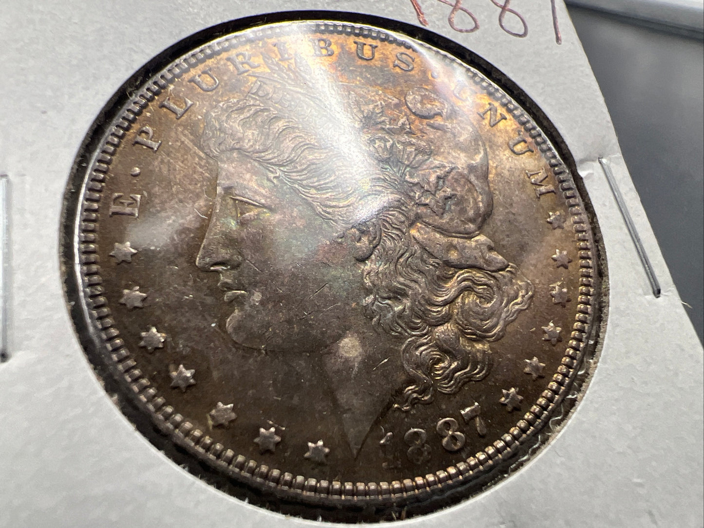 1887 P $1 Morgan Silver Dollar Coin AU About UNC Nice Amber Toning Toner Obverse