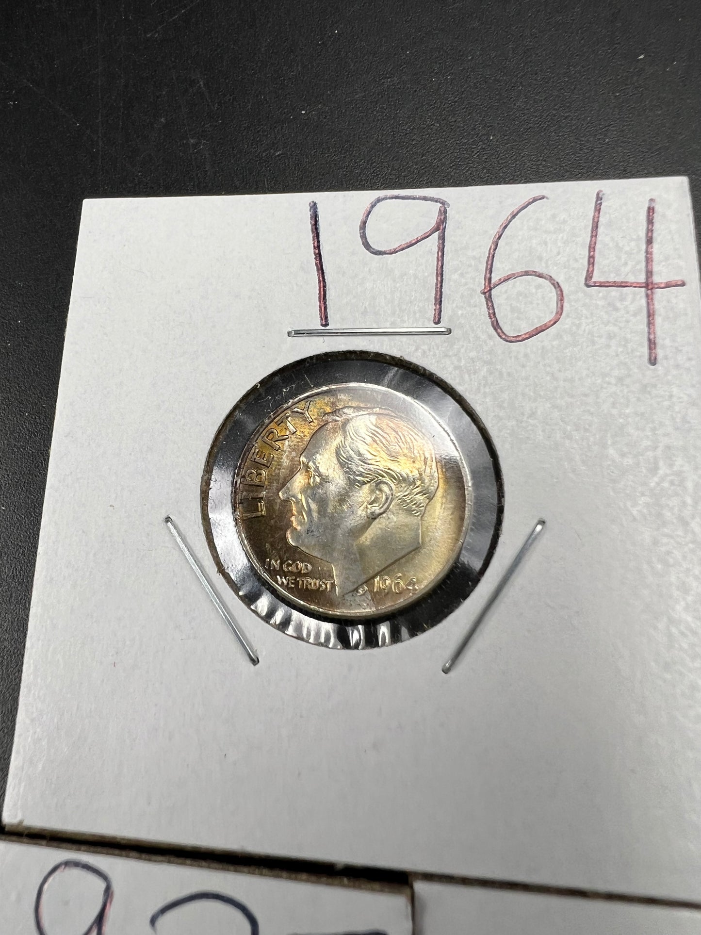 Silver Dime Toner Trio 1937 D & 1944 Mercury Circ Toner Dimes & 1964 Roosevelt Amber toner UNC