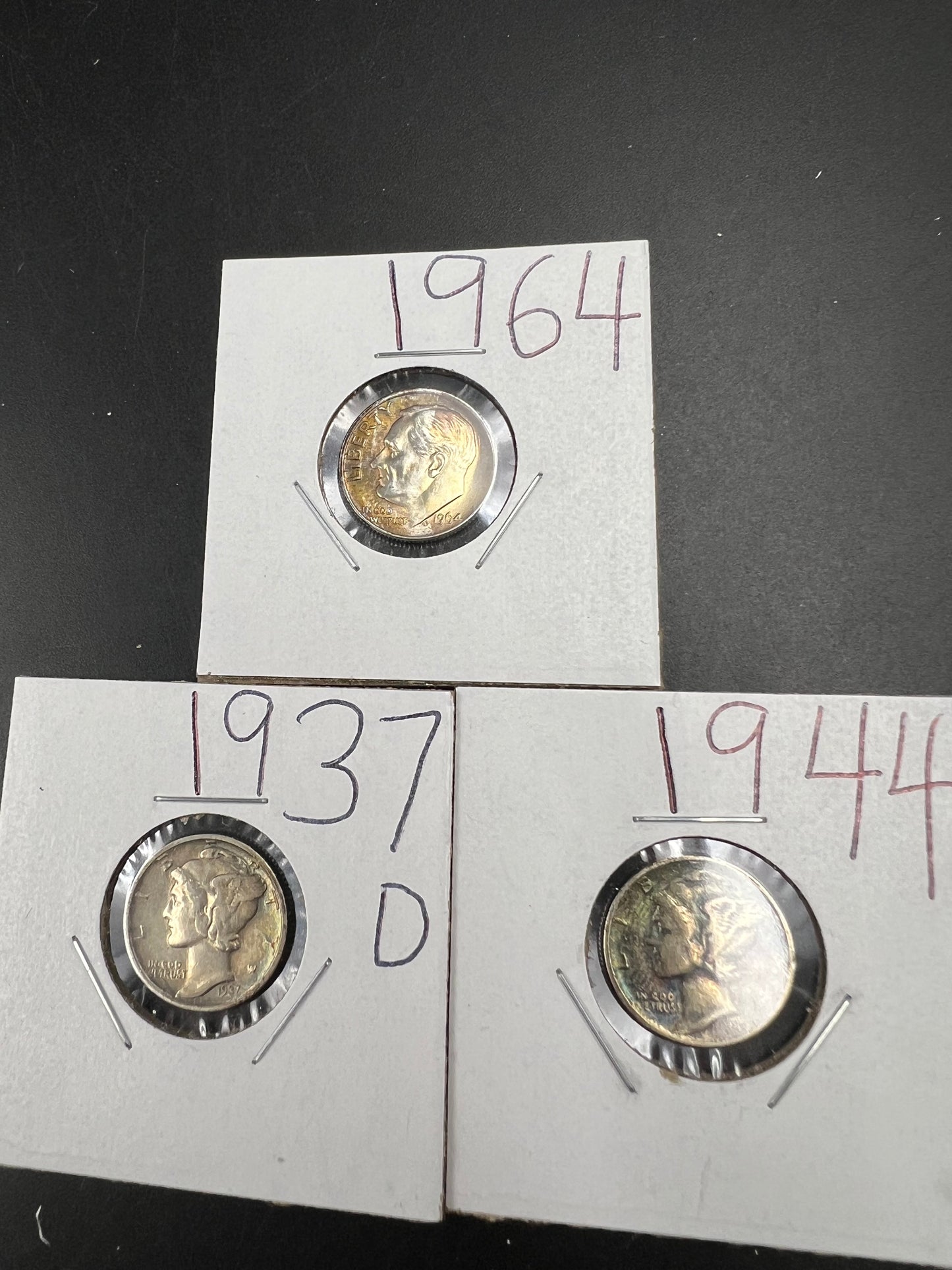 Silver Dime Toner Trio 1937 D & 1944 Mercury Circ Toner Dimes & 1964 Roosevelt Amber toner UNC