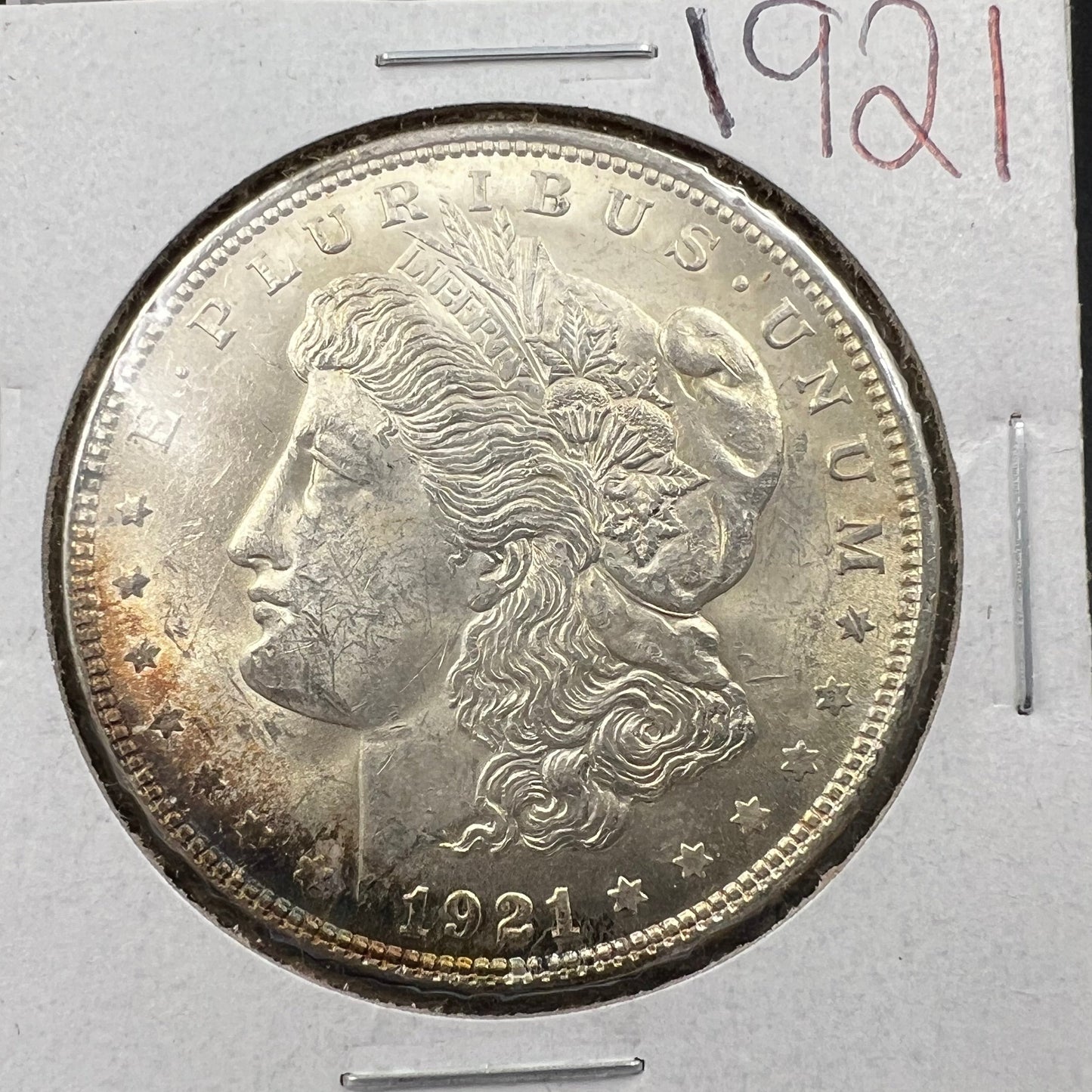 1921 P $1 Morgan Silver Dollar Coin Neat Toning Toner obverse CH BU