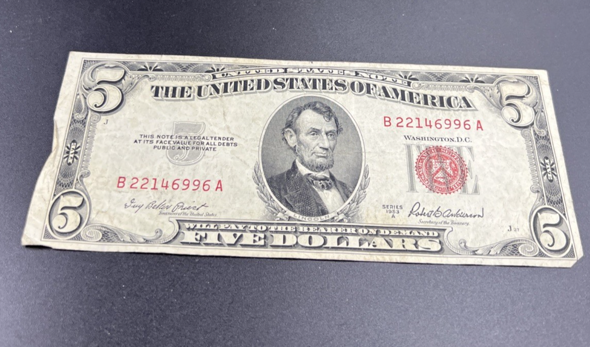 1953 A $5 USN United States Note Red Seal Bill Neat Serial # VG Circ #996