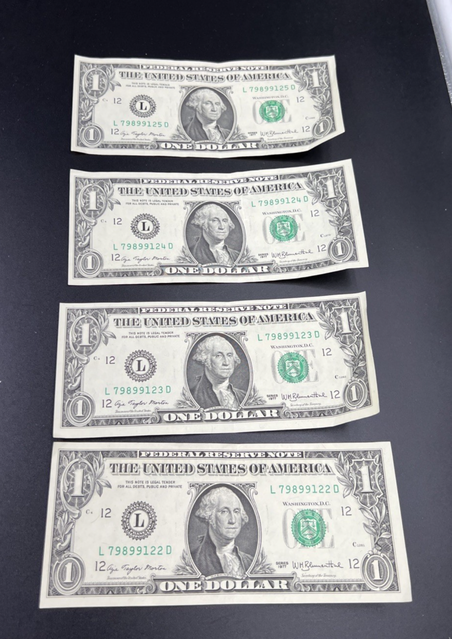 4 Consecutive 1977 FRN Federal Reserve Dollar Bill Notes CH VF Circ #122