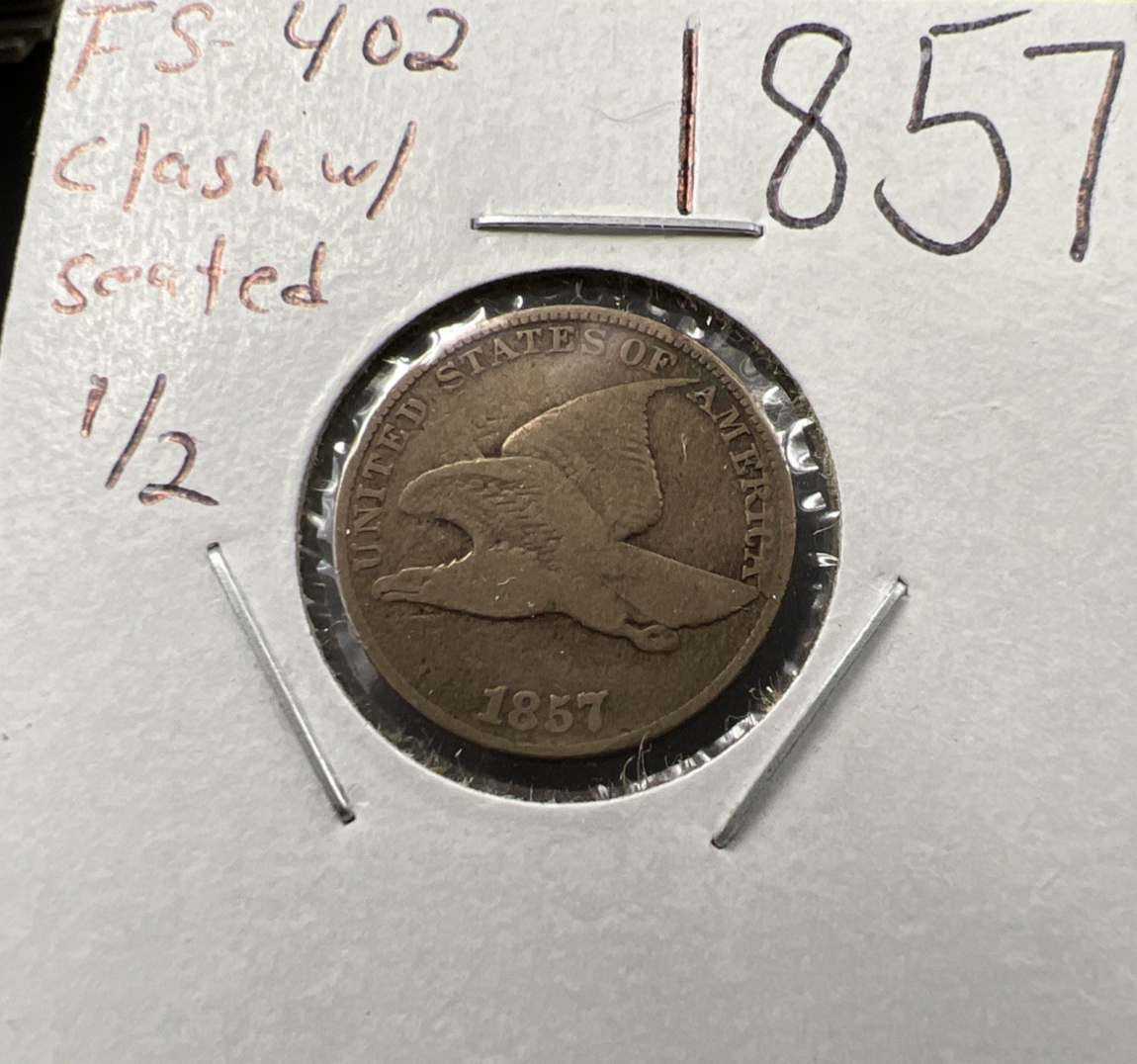 1857 1c Flying Eagle 1c FS-402 Clashed with Seated Half Variety VG Very Good