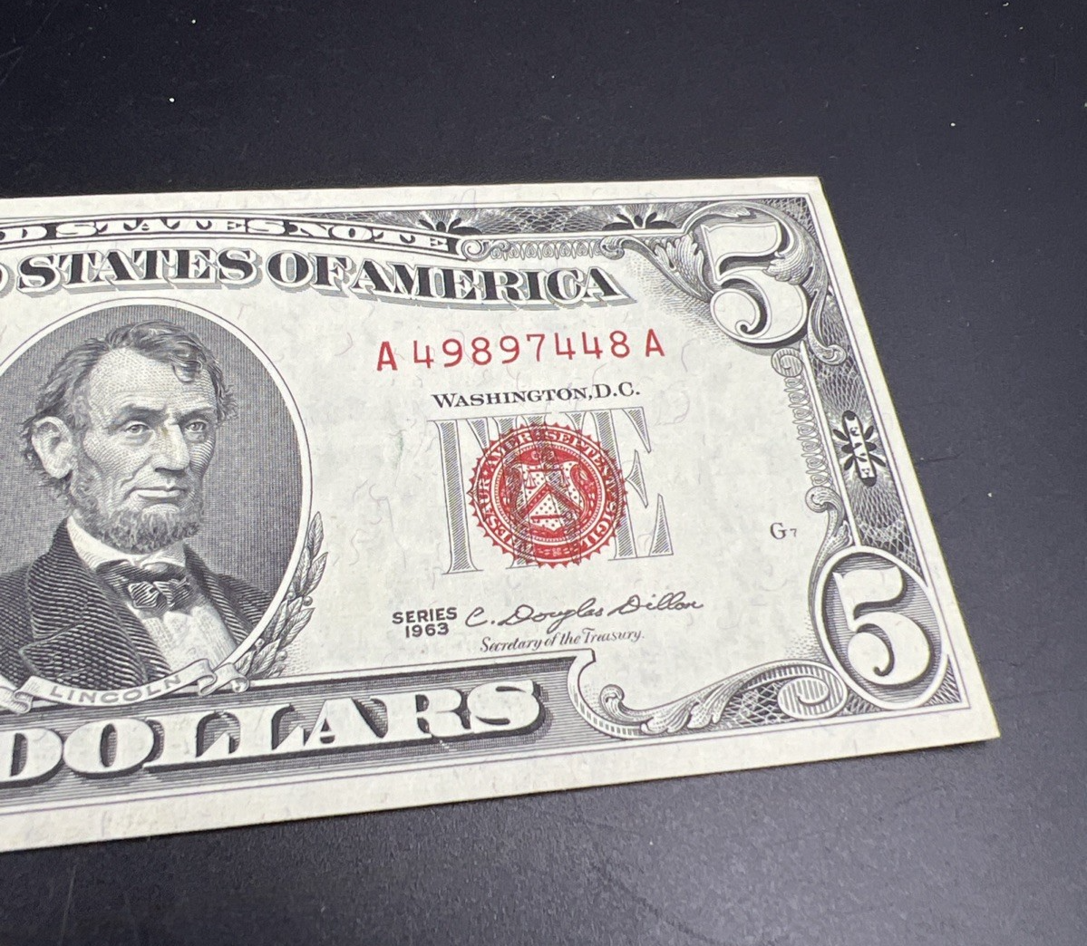 1963 $5 USN United States Five Dollar Note Red Seal XF EF Extra Fine Circ #48