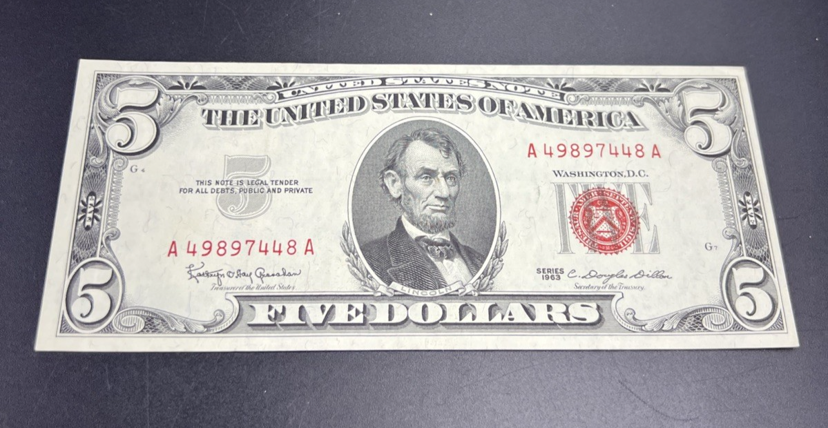 1963 $5 USN United States Five Dollar Note Red Seal XF EF Extra Fine Circ #48