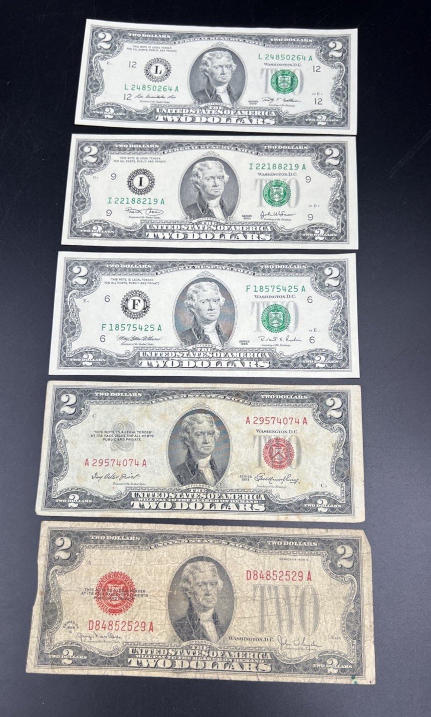 Lot of 5 $2 Bills 1928 1953 1995 2003 2009 Collector's Set Circ #529