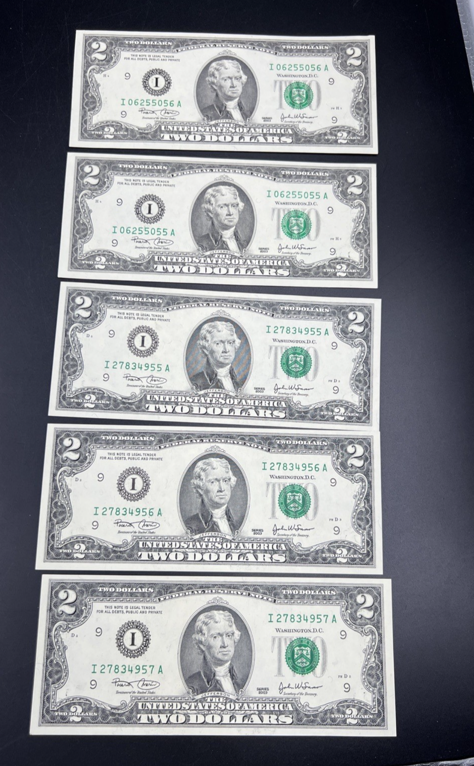 5 Consecutive 2003 $2 FRN Federal Reserve Notes UNC Uncirculated #57
