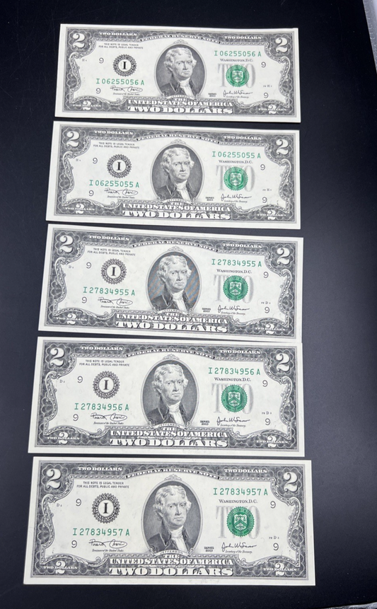 5 Consecutive 2003 $2 FRN Federal Reserve Notes UNC Uncirculated #57