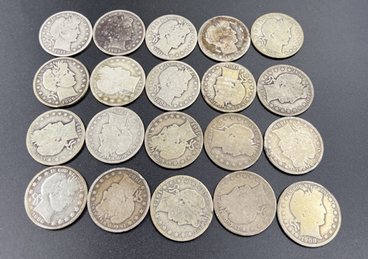20 Coin Roll Barber 90% Silver Half Dollar Coins AG - G Very Circ Conditions S#b