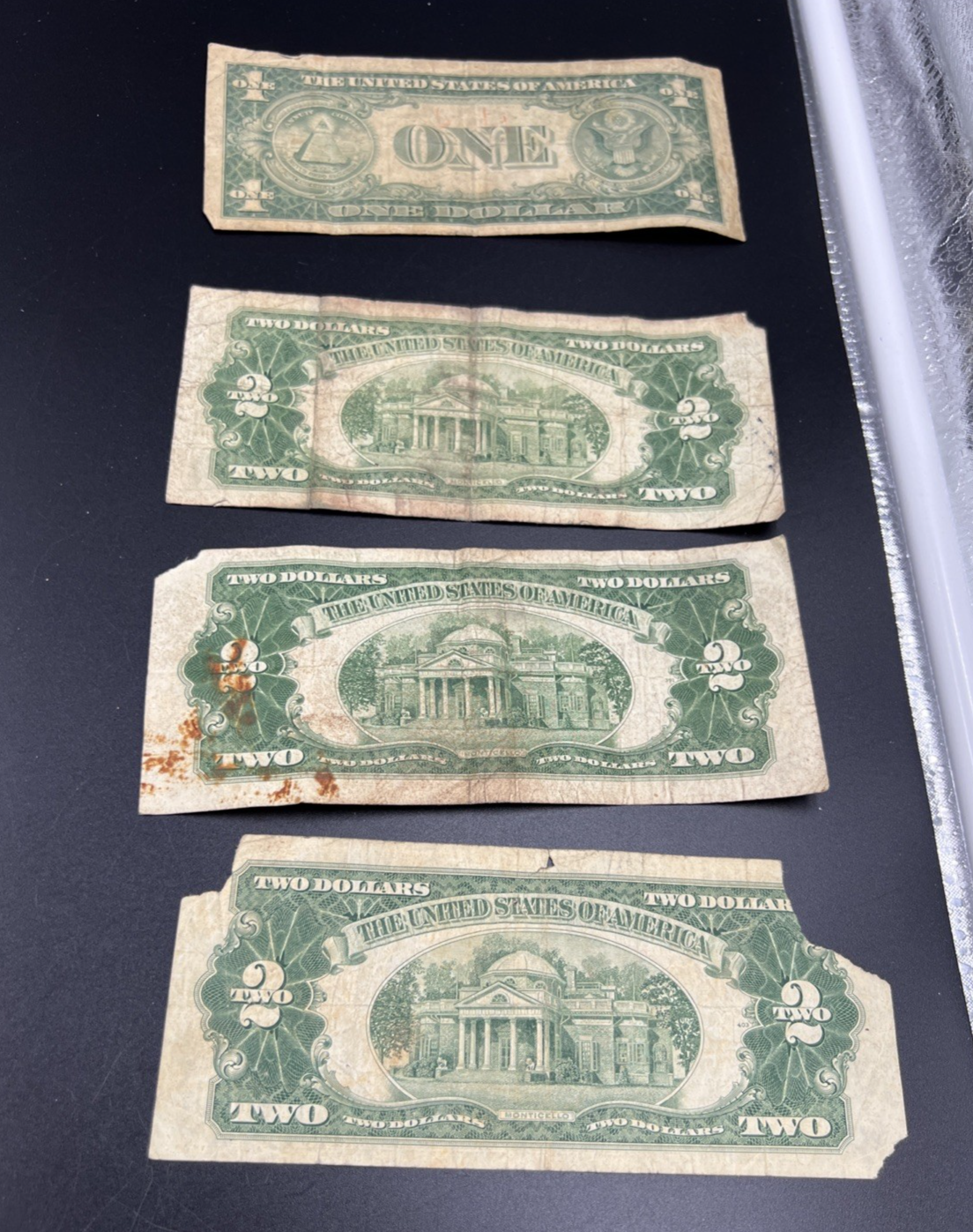 Very Circulated Note Lot 1957 $1 and 1953 $2 USN Red Seal Damaged Ugly #7