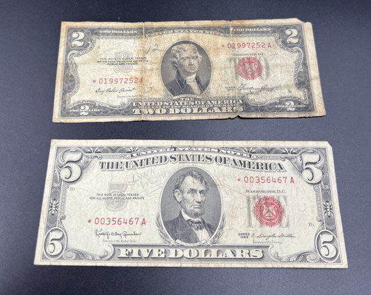 Star * Note Collector's Lot 1953 $2 & 1963 $5 USN Red Seal Notes Very Circ #67