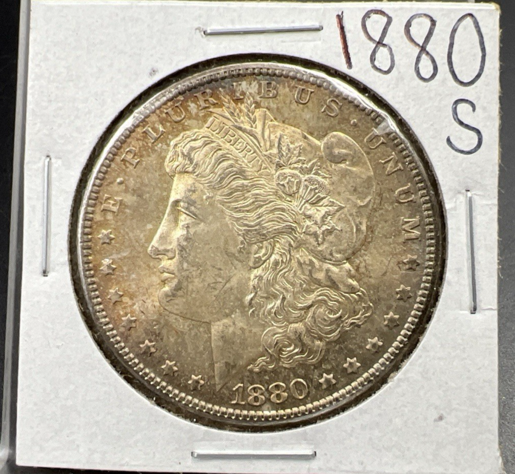 1880 S $1 Morgan Silver Dollar Coin BU Unc Nice Amber Toning Toner