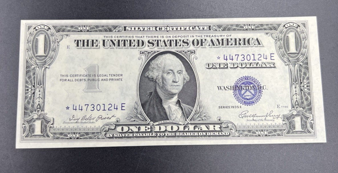 1935 E * Star $1 One Dollar US Silver Certificate Blue Seal UNC #44