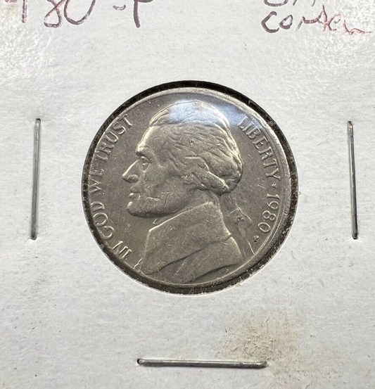 1980 P Jefferson Nickel 5c Coin SLIGHT Misaligned Obverse Die Error VF Circ #B
