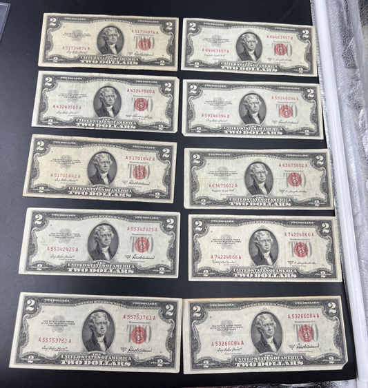 Lot of 10 1953 $2 USN Red Seal Legal Tender Bills VG Very Good + Circ #761