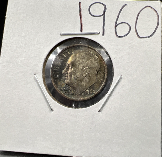 1960 P 10c Roosevelt Silver Dime Coin Neat Blue Toning Toner XF EF Extra Fine