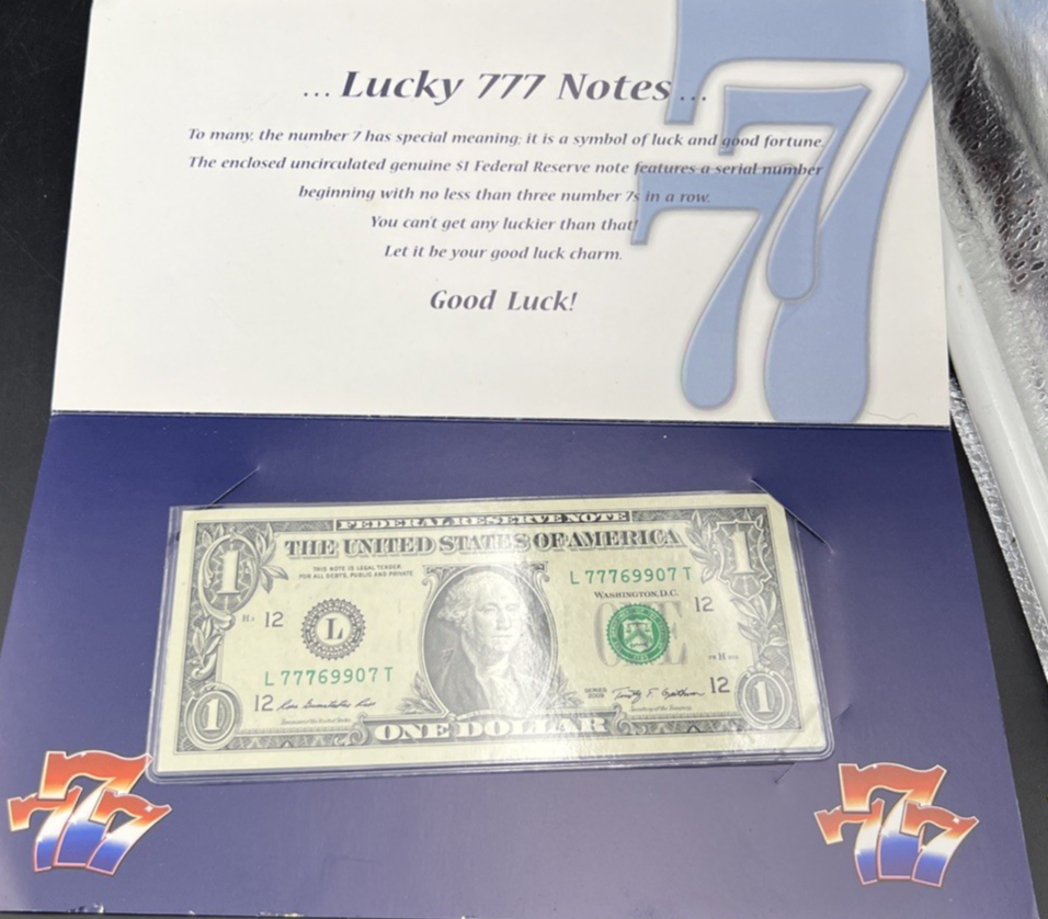 2009 $1 FRN Lucky Serial #77769907 Federal Reserve Note CH UNC in Display Folder