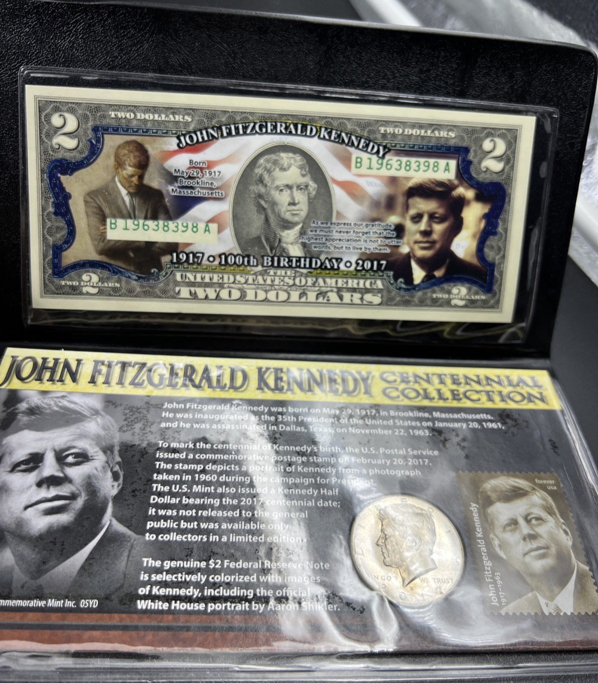 JFK Collection 2017 $2 Colorized Two Dolalr Bill FRN & Kennedy Half Dollar