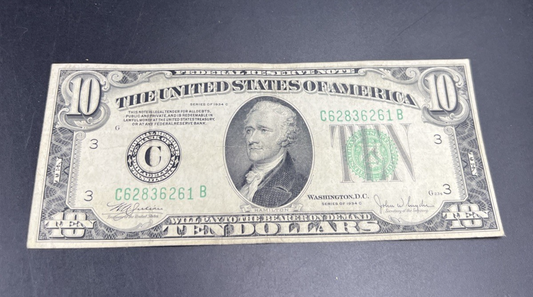 1934 A $10 FRN Ten Dollars Federal Reserve Note Fine Circ #61