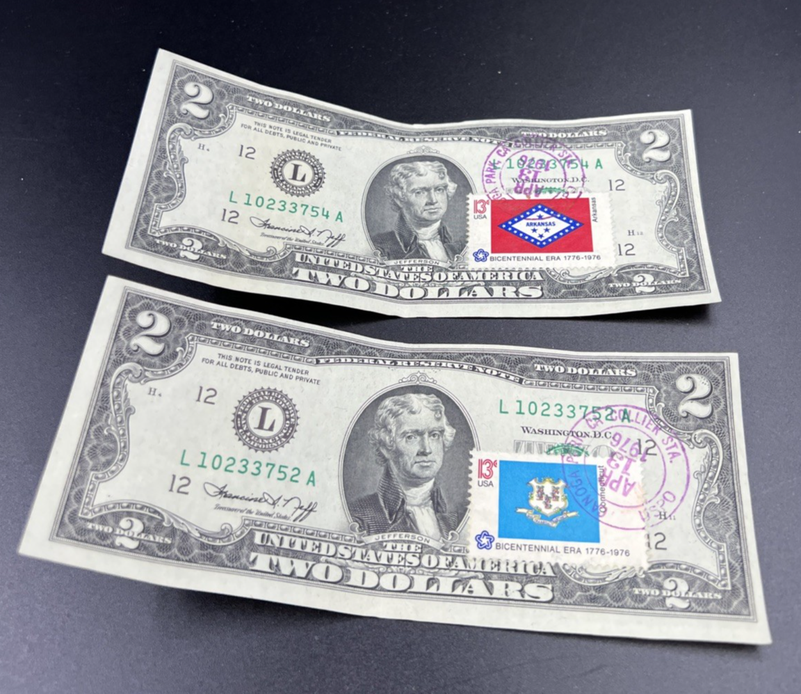 2 Same Block 1976 $2 Bicentennial FRN Canoga Park Canton Station LA VF/XF Circ