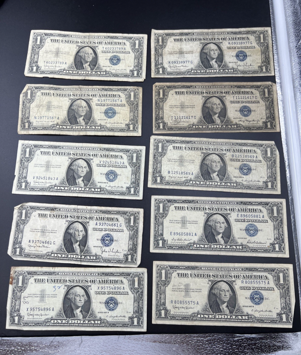 Lot of 10 VERY CIRC 1957 1935 $1 Dollar Silver Certificate Blue Seal Notes #96