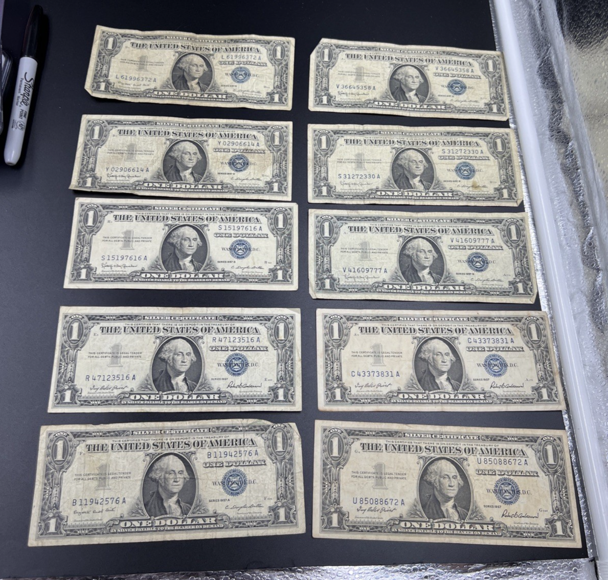 Lot of 10 1957 $1 Dollar Silver Certificate Blue Seal Notes VG+ Circ #76