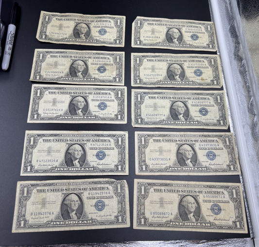 Lot of 10 1957 $1 Dollar Silver Certificate Blue Seal Notes VG+ Circ #76