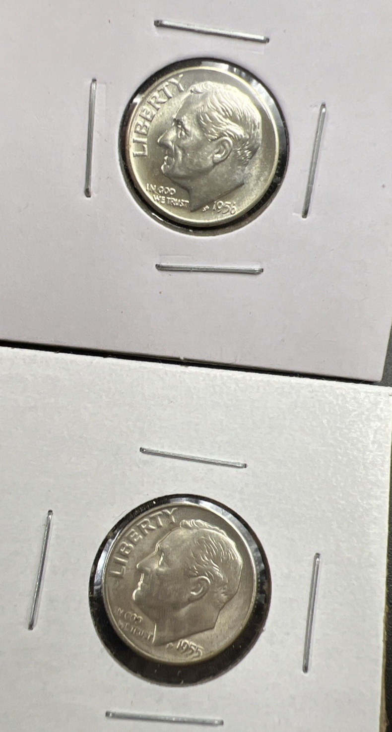 2 Coin Roosevelt Collector's Lot 1955 S 1958 D 10c Silver Dime Coins BU SK#a