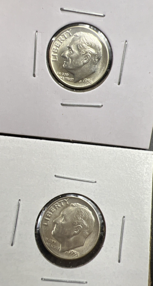 2 Coin Roosevelt Collector's Lot 1955 S 1958 D 10c Silver Dime Coins BU SK#a