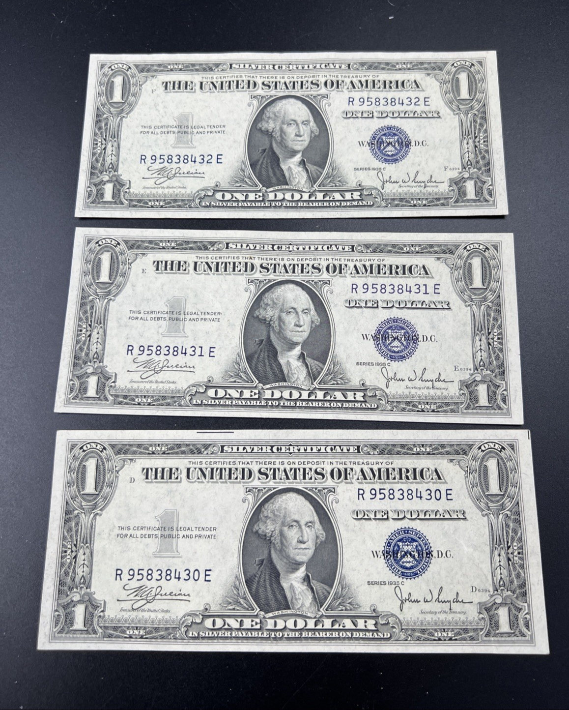 3 Consecutive 1935 C $1 US Silver Certificates CH AU About UNC #430