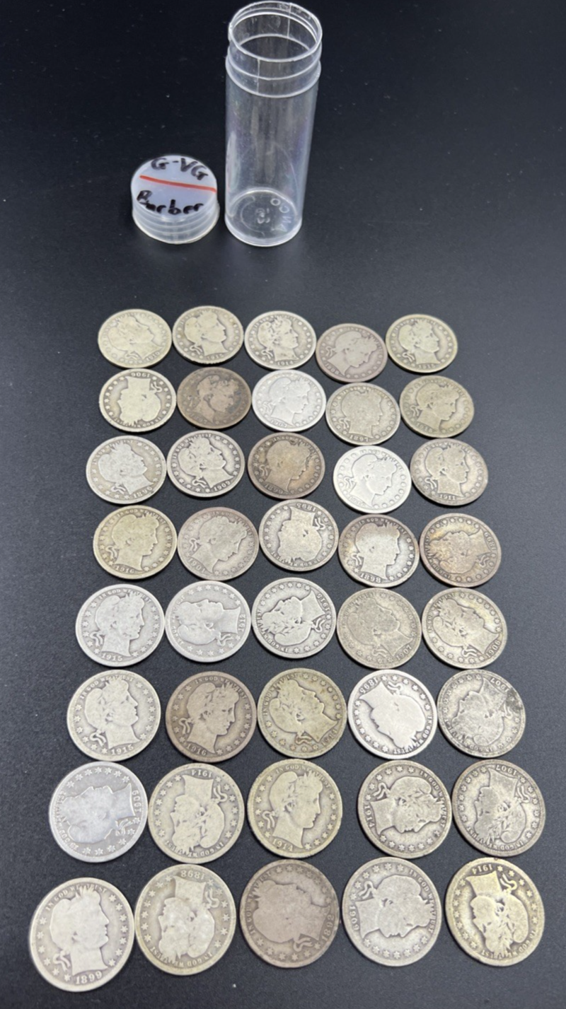 Barber Quarters 90% Silver Coin Quarter Roll $10 Face Value 40 Coins VG/G SKU#3A