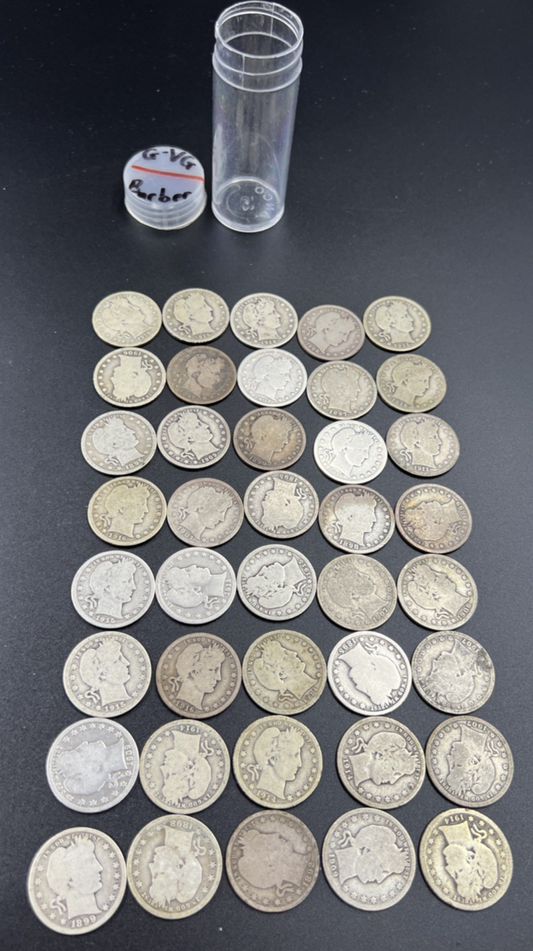 Barber Quarters 90% Silver Coin Quarter Roll $10 Face Value 40 Coins VG/G SKU#3A