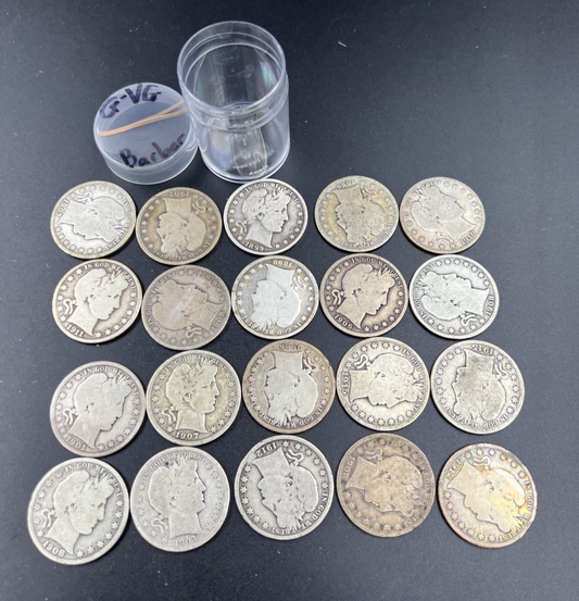 20 Coin Roll Barber 90% Silver Half Dollar Coins G-VG Good Conditions S#V