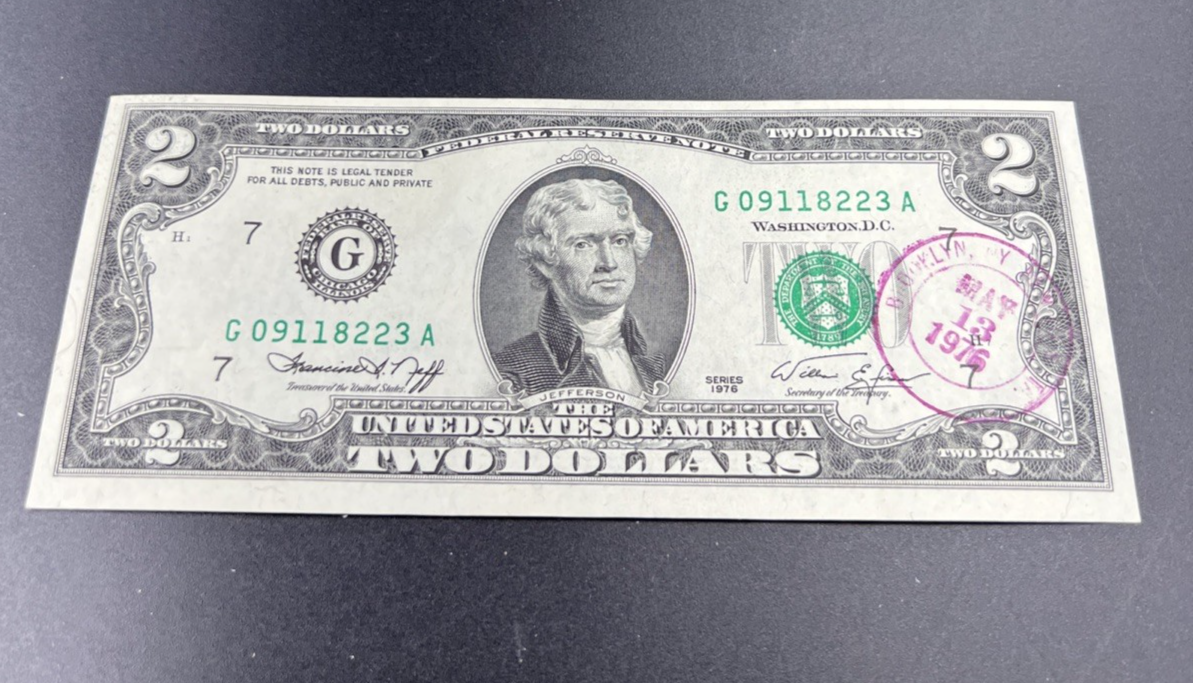 1976 $2 Two Dollar Bicentennial Bill Brookyln NY Postmarked (no Stamp) UNC #223