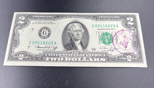 1976 $2 Two Dollar Bicentennial Bill Brookyln NY Postmarked (no Stamp) UNC #223